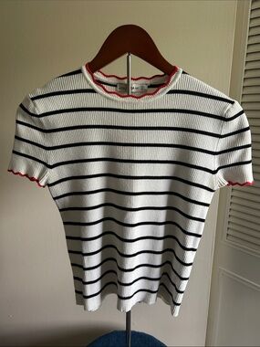 Zara Black and White Striped Top with Red Trim